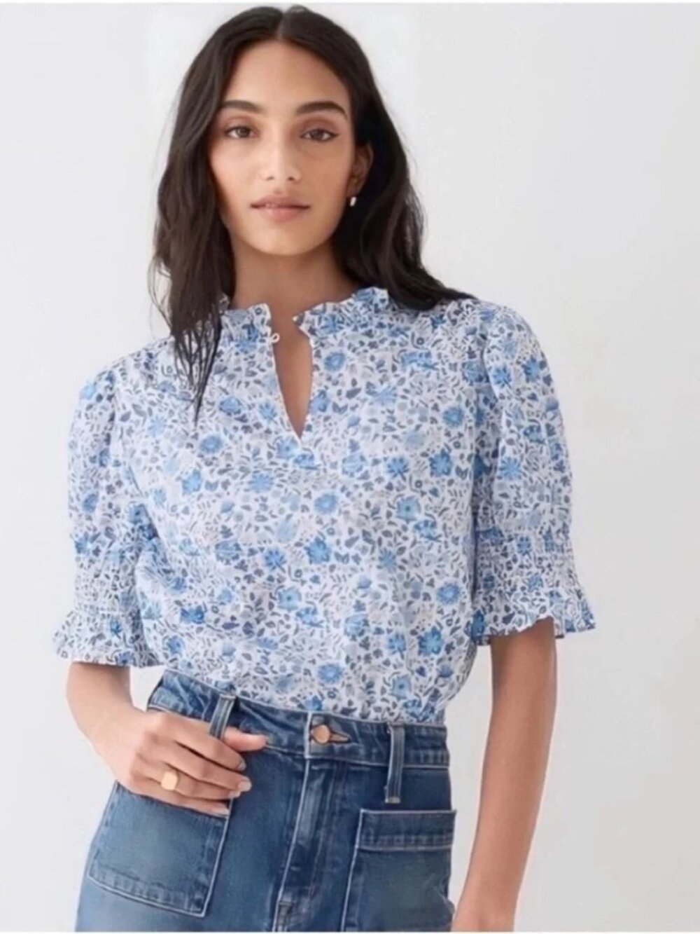 J. Crew Liberty White Top with Blue Floral Print and Puff Sleeves Size L